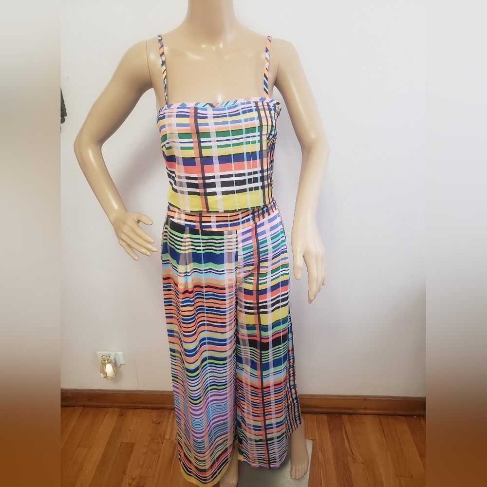 AKIRA Adjustable Spaghetti Strap Top and Pants Set with Multicolor Stripes